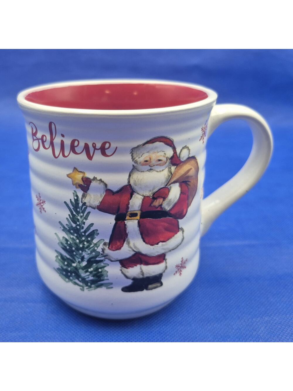 Jumbo Red White Ceramic Christmas Mug Santa Believe Snowflakes Peppermint & Pine